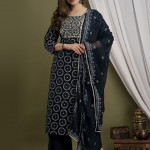 Women's Rayon Printed & Embroidery Work Straight Kurta with Palazzo & Dupatta Set