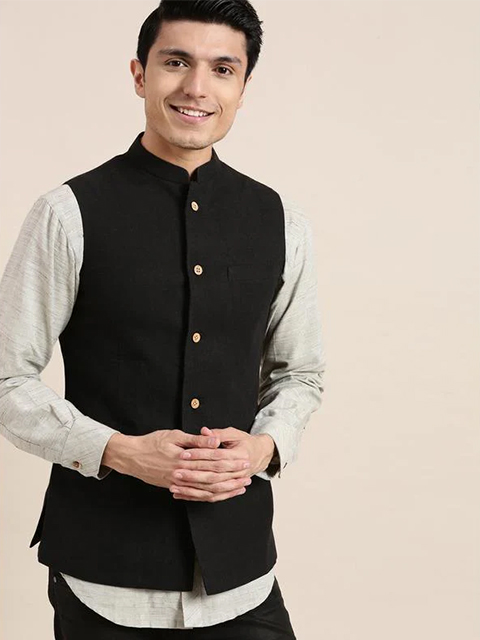 Black Khadi Men's Nehru Jacket Set