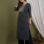 Women's Rayon Printed & Embroidery Work Straight Kurta with Palazzo & Dupatta Set