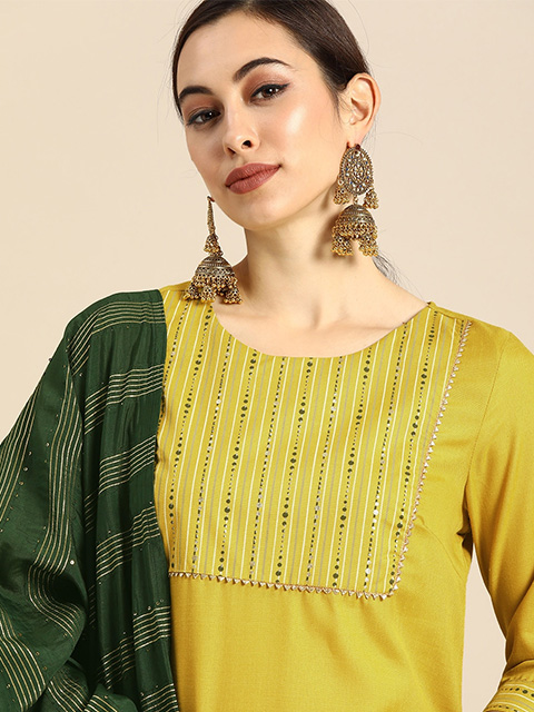 Women Mustard Yellow Yoke Design Foil Printed Kurta with Trousers & Dupatta