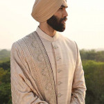 Beige Embroidered Hand-Weaved Sherwani Set