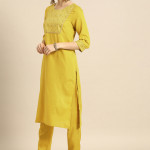 Women Mustard Yellow Yoke Design Foil Printed Kurta with Trousers & Dupatta